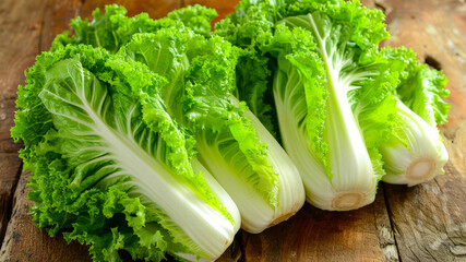 Fresh and vibrant romaine lettuce harvested from a garden in summer on wooden surface