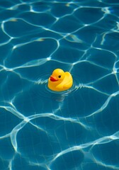 Yellow rubber duck swimming in a clear blue swimming pool water for summer fun