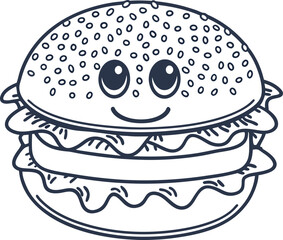 Cheerful hamburger with smiling face, lettuce and cheese fun cute illustration, fast food, snack, kids menu