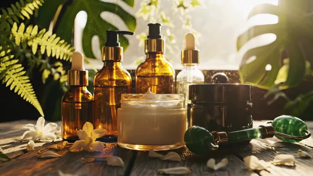Natural Skincare Product Still Life - This video features a collection of skincare products in glass jars and bottles, a green jade roller, and white flowers arranged on a wooden surface.