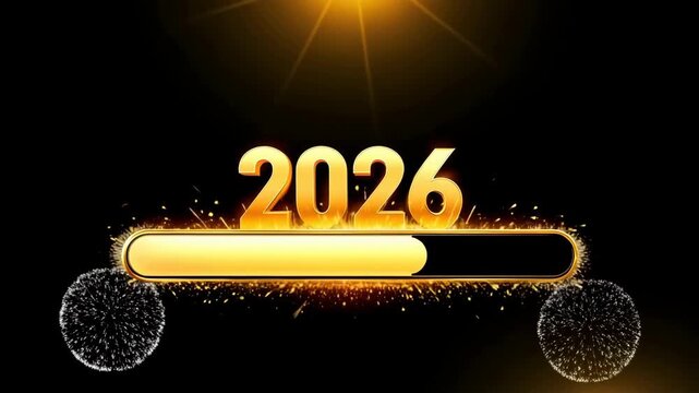 2026 loading bar with golden fireworks on black background, modern festive countdown design for New Year celebration, illuminated progress indicator with spark effects