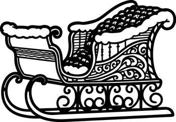 Vintage ornate sleigh with elegant decorative swirls and patterned blanket, classic winter holiday transport