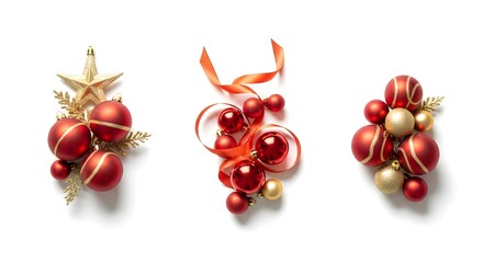 Three clusters of red and gold christmas ornaments on white background
