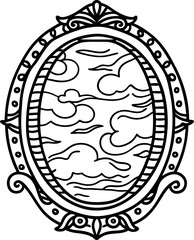 Ornate vintage oval mirror with decorative frame featuring clouds and sky reflection in elegant outline