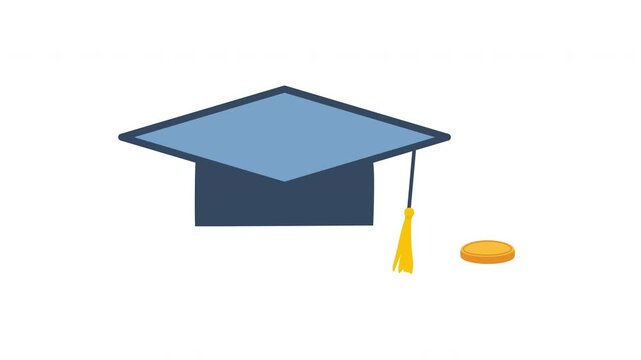 Graduation cap with coins in the right corner. Student loan, student debt or scholarship animation. Costs of studying