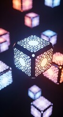 Ornate filigree glowing cubes with patterned light reflections for modern decorative lighting