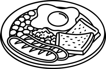 Traditional breakfast plate with fried egg, beans, sausage, toast, hash browns, and mushrooms illustration