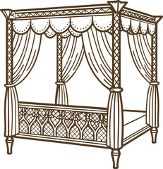 Elegant four poster canopy bed with curtains classic vintage furniture frame, ornate decorative carved wood