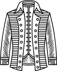 Historic colonial jacket illustration vintage men's formal coat, eighteenth century fashion, detailed line drawing