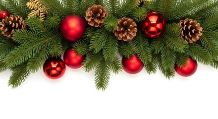 Festive christmas garland with pine cones and red baubles on white background