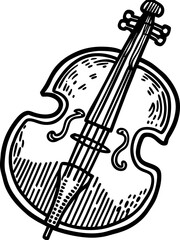 Classical cello illustration hand drawn musical instrument, black and white sketch, strings, detailed wood texture
