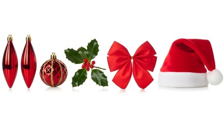 Collection of festive christmas decorations including ornaments holly and santa hat