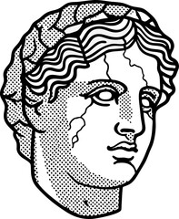 Ancient greek sculpture head with cracks classical marble art, vintage dot illustration, mythology inspired design