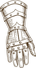 Medieval armored gauntlet illustration vintage metal glove, historical protection equipment, detailed engraving