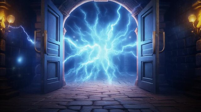 Animation of the appearance of a blue magical portal with electricity. A shining cartoon gate. The concept of transition to a fantastic world.