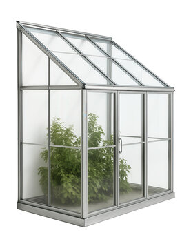 Glass-top lean-to greenhouse with an aluminum frame for easy home access to plants.
