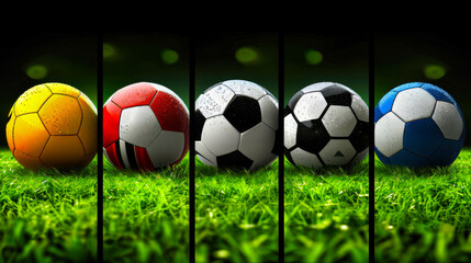 Variety of colorful soccer balls lined up on green grass field ready for play