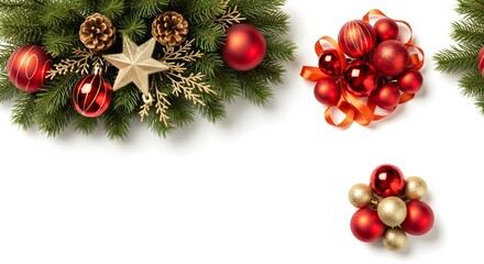 Christmas tree decorations with ornaments and pinecones on white background