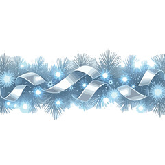 Horizontal Icy Blue Christmas Garland Border with Silver Ribbon and Snowflakes