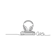 Minimalist line art of headphones resting on a portable music player