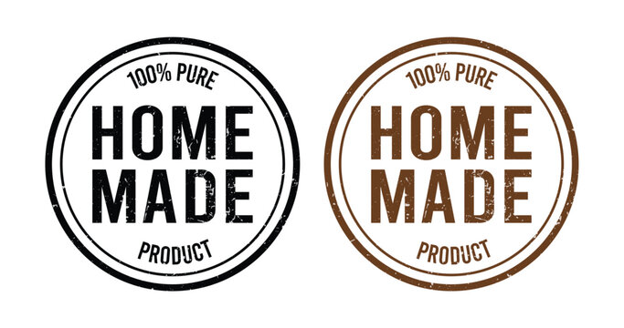 Vintage “HOME MADE” circular stamp logo with 100% PURE PRODUCT text, rustic black-and-white and sepia badge designs