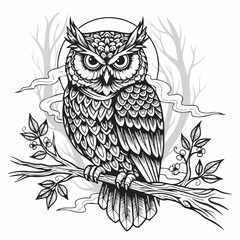 owl perched, staring at the camera, on white background