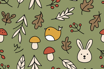 Cute Autumn Pattern With Bird Bunny Mushroom And Leaves Keywords: autumn, pattern, cute, bird, bunny, rabbit, mushroom, fly agaric, leaf, leaves