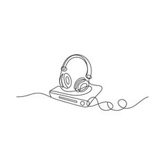 Minimalist line drawing of headphones and cassette player