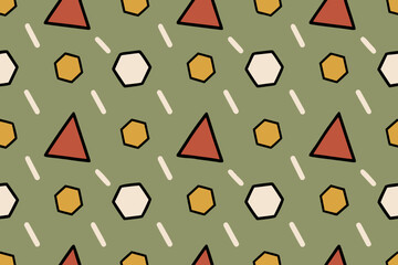 Geometric Shapes Seamless Pattern with Triangles Hexagons and Lines on Green Background texture