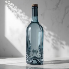 Elegant blue glass bottle with clear liquid stands on a marble surface in soft, natural light. 2 liter bottle