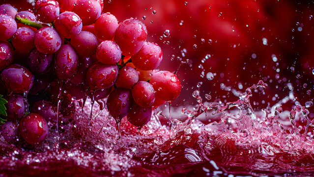 Fresh red grapes create splashes in vibrant liquid, showcasing nature's beauty and refreshing quality in a lively setting - Powered by Adobe