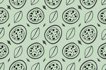 Hand Drawn Passion Fruit and Leaf Pattern on Light Green Background seamless