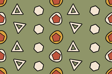 Irregular Geometric Pattern with Pentagons Triangles and Circles in Muted Colors seamless shapes