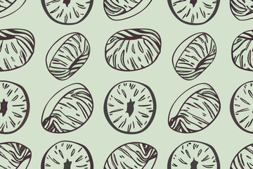 Hand Drawn Donut and Fruit Slice Pattern on Light Green Background seamless texture