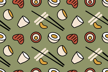 Playful Pattern of Japanese Food Icons and Chopsticks on Green Background seamless sushi
