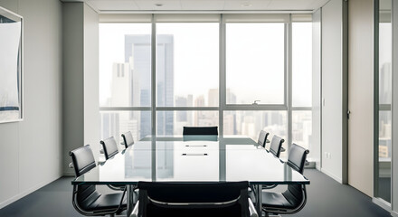 Modern conference room with glass table and city view perfect for business meetings and presentations