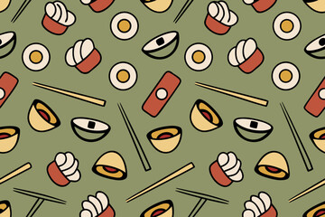 Repeating pattern of sushi rolls chopsticks and bowls on a muted green background sushi pattern food background