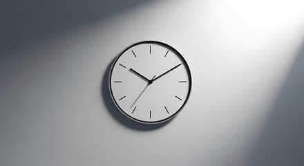 Minimalist Wall Clock on White Wall with Dramatic Diagonal Light and Shadow