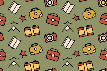 Retro Travel and Adventure Icons Pattern with Mountains and Stars vector illustration