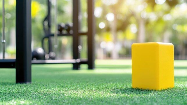Vibrant yellow fitness block on gym floor inspires wellness and healthy living in an upscale training environment