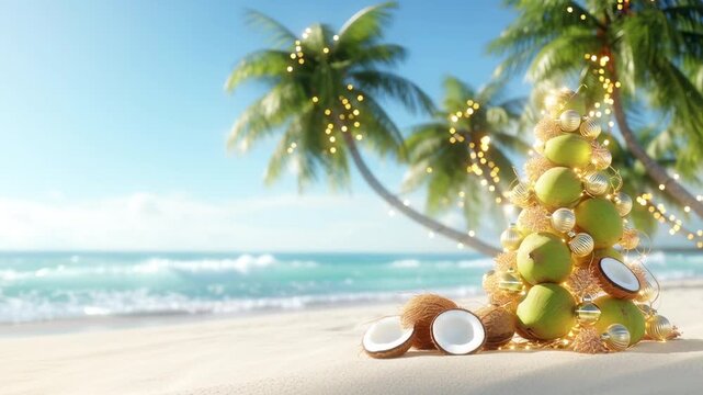 Creative tropical Christmas tree with festive illuminations on a sandy beach with palm trees, with space for text. Vacation atmosphere, serene New Year's Eve celebration by the sea