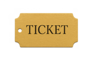 Golden admission ticket with punch hole, offering entry to events, shows, and entertainment on transparent background
