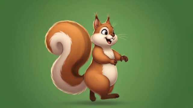 Charming Cartoon Squirrel Animation with Playful Expressions and Lively Movements on Green