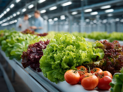 Vibrant hydroponic leafy green lettuce and fresh tomato growth modern controlled environment agriculture greenhouse. Workers observe harvest with