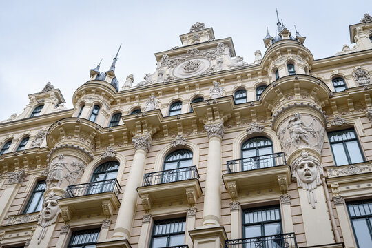 Exterior view of historic buildings in Riga, a low angle view, architectural landmarks. 
