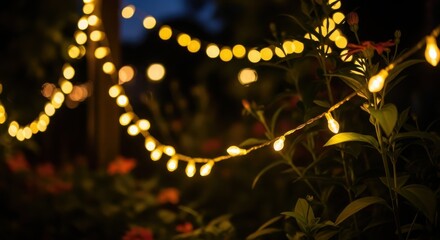 String lights illuminating garden plants at dusk