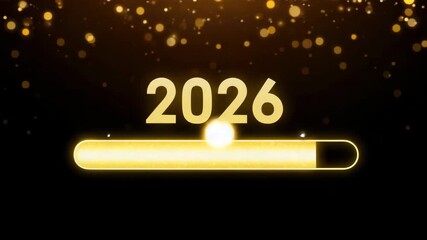 Golden 2026 countdown with progress bar, new year loading display, glittering particles background, festive lights sparkle, celebration anticipation mood, luminous progress indicator, dark - Powered by Adobe