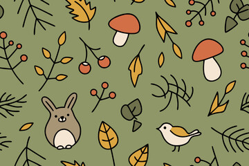 Whimsical Forest Pattern With Bunny Bird Mushroom And Autumn Leaves Keywords: autumn, pattern, whimsical, forest, bunny, rabbit, bird, mushroom