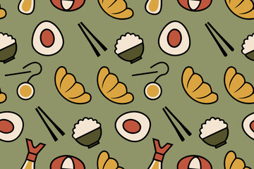 Whimsical Pattern of Japanese Food Items and Chopsticks on Green seamless sushi