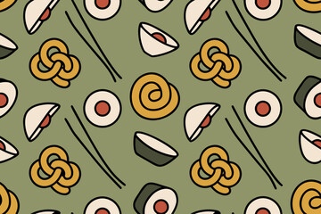 Whimsical pattern of sushi rolls and chopsticks on a green background sushi pattern food background